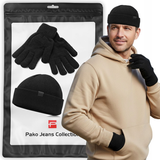 CZAPKA Dokerka i RĘKAWICZKI Zestaw Dzianinowy Dla Niego CZARNY Pako Jeans - Pakojeans.pl