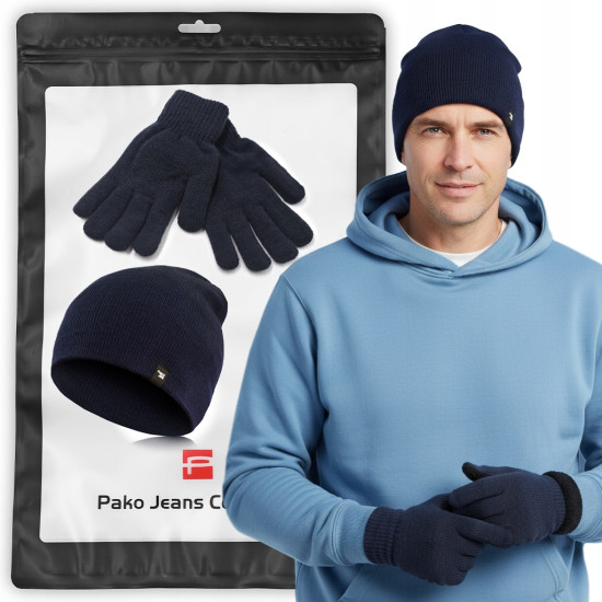 CZAPKA Beanie i RĘKAWICZKI Zestaw Dzianinowy Dla Niego GRANATOWY Pako Jeans - Pakojeans.pl