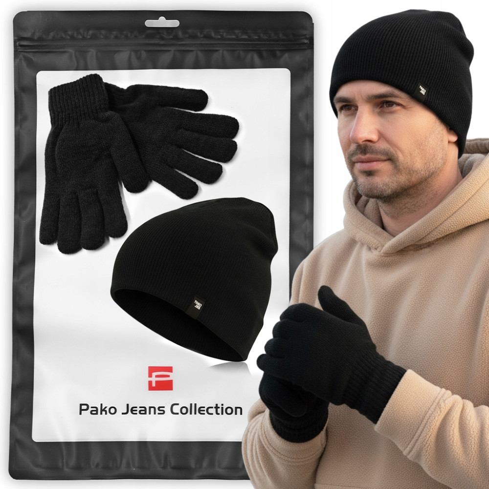 CZAPKA Beanie i RĘKAWICZKI Zestaw Dzianinowy Dla Niego CZARNY Pako Jeans - Pakojeans.pl CZAPKA Beanie i RĘKAWICZKI Zestaw Dzianinowy Dla Niego CZARNY Pako Jeans - Pakojeans.pl