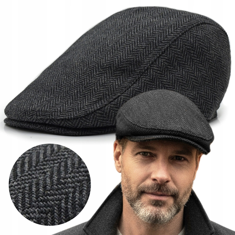 Kaszkiet Męski Zimowy Ocieplany Elegancka Czapka w Jodełkę Pako Jeans - Pakojeans.pl