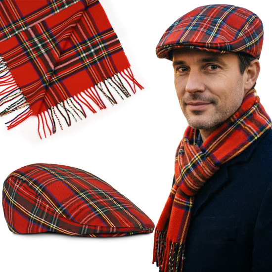 Kaszkiet Męski i Szalik w szkocką kratę Stylowy Komplet Idealny na Święta - Pakojeans.pl