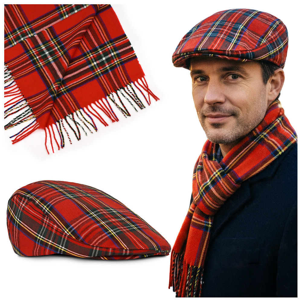 Kaszkiet Męski i Szalik w szkocką kratę Stylowy Komplet Idealny na Święta - Pakojeans.pl