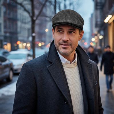 Kaszkiet Męski Zimowy Ocieplany Elegancka Czapka w Kratę 50% Wełny GRAFITOWY - Pako Jeans