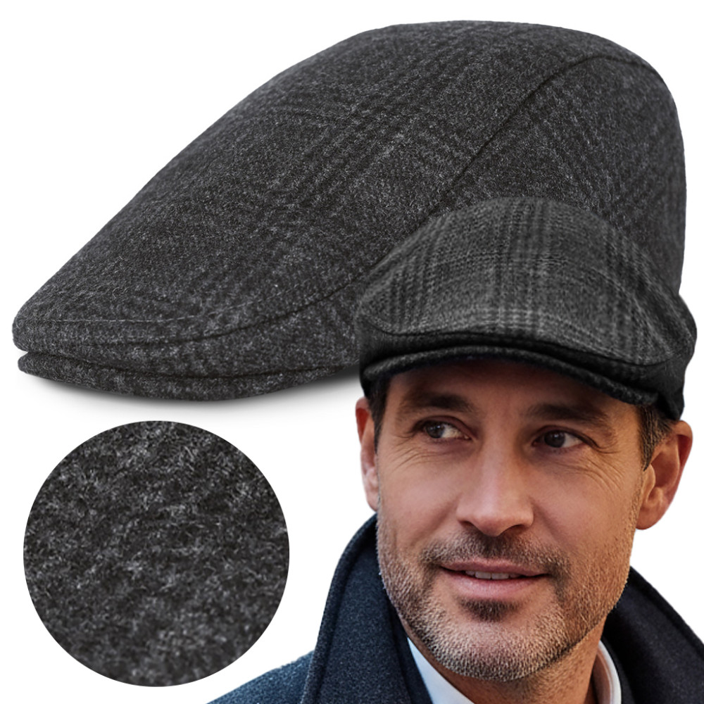 Kaszkiet Męski Zimowy Ocieplany Elegancka Czapka w Kratę 50% Wełny GRAFITOWY - Pako Jeans