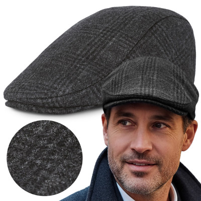 Kaszkiet Męski Zimowy Ocieplany Elegancka Czapka w Kratę 50% Wełny GRAFITOWY - Pako Jeans