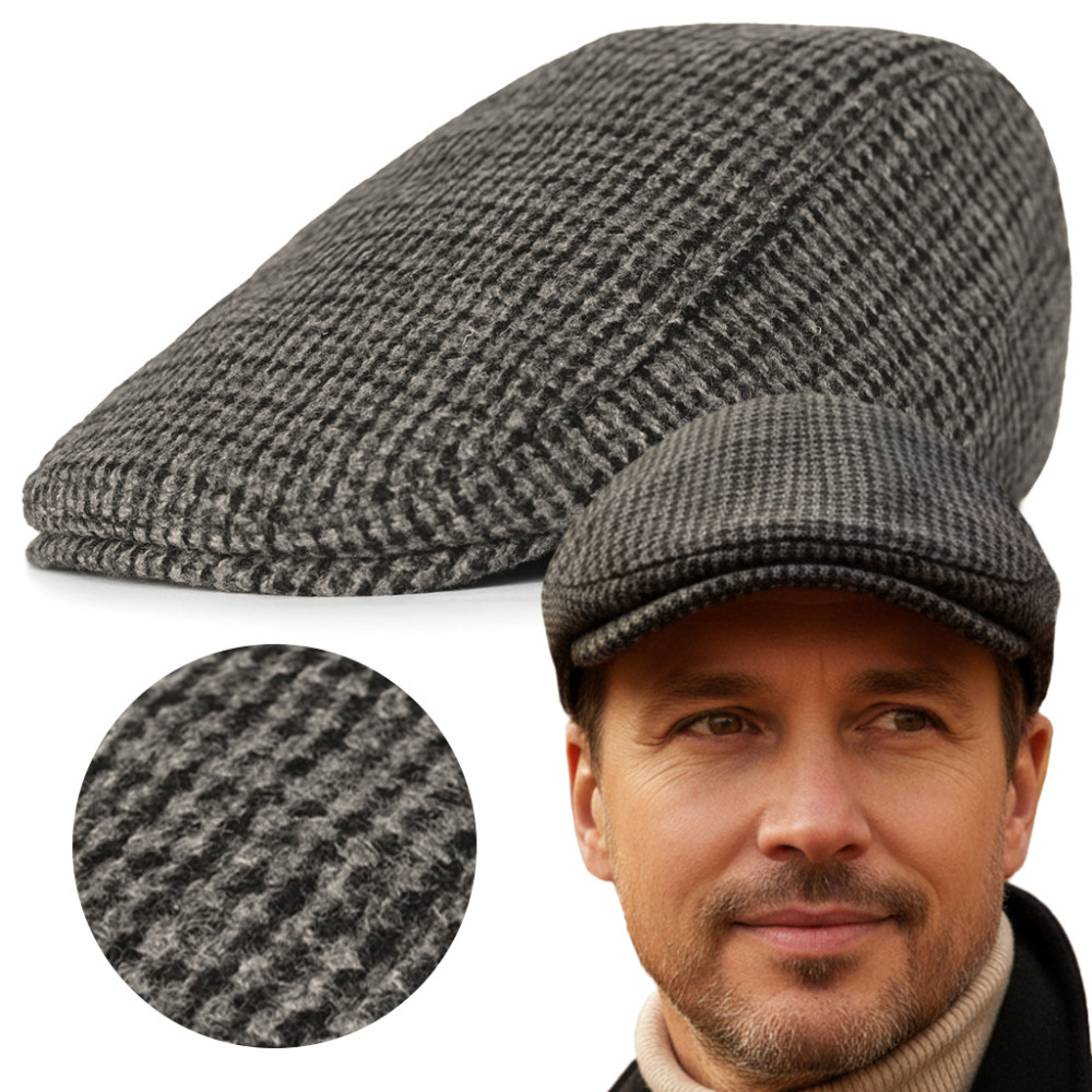 Kaszkiet Męski Zimowy Ocieplany Elegancka Czapka w Krateczkę 50% Wełny SZARY - Pako Jeans