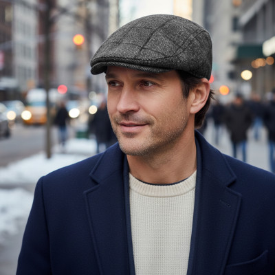 Kaszkiet Męski Zimowy Ocieplany Elegancka Czapka w Kratę 50% Wełny GRAFITOWY - Pako Jeans