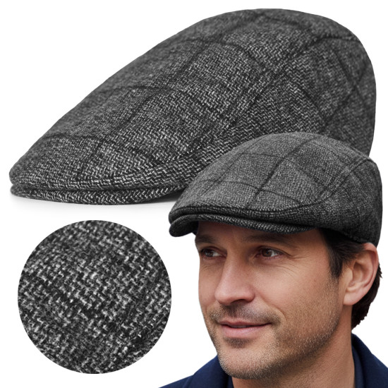 Kaszkiet Męski Zimowy Ocieplany Elegancka Czapka w Kratę 50% Wełny GRAFITOWY - Pako Jeans