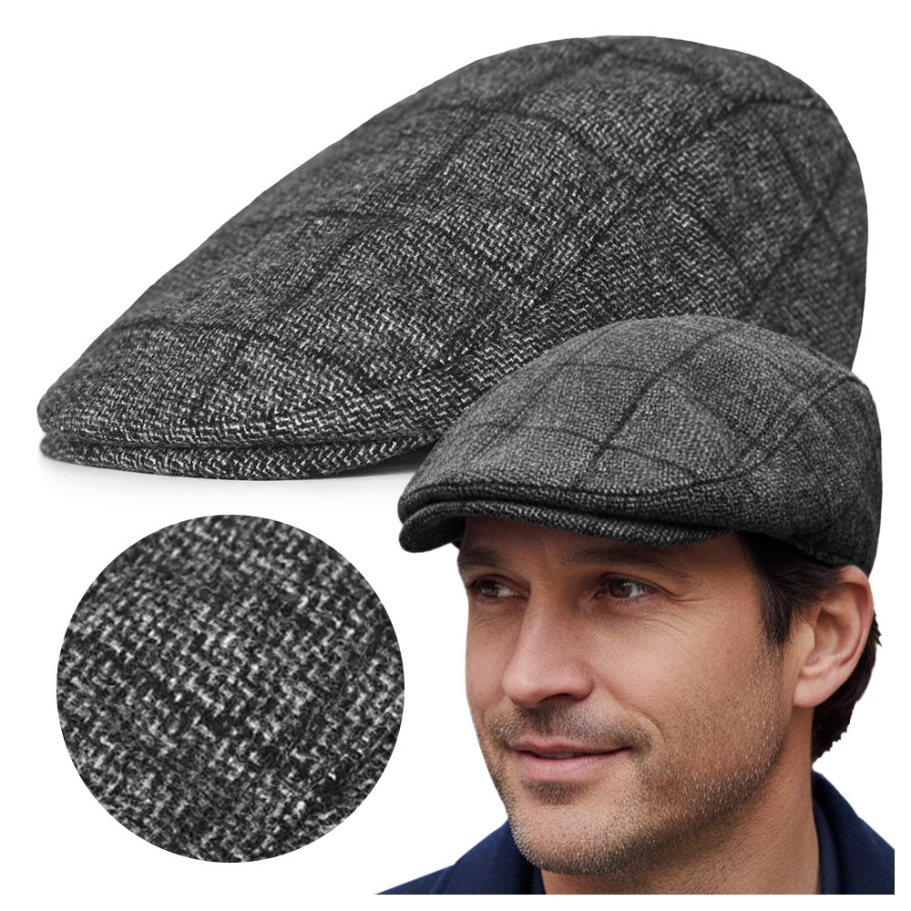 Kaszkiet Męski Zimowy Ocieplany Elegancka Czapka w Kratę 50% Wełny GRAFITOWY - Pako Jeans