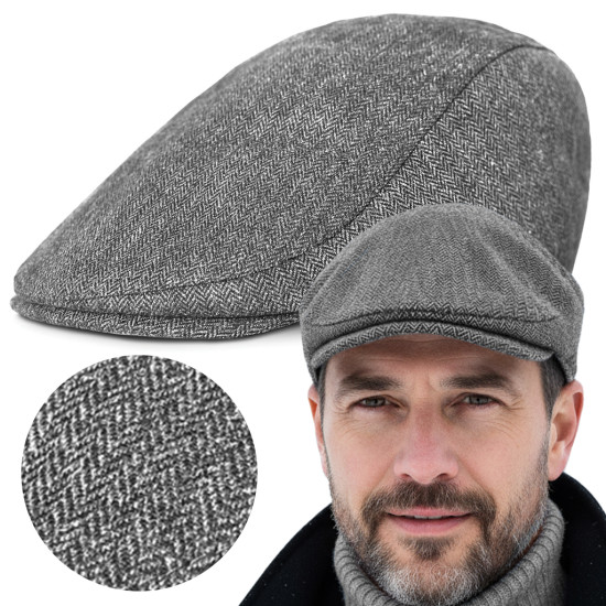Kaszkiet Męski Zimowy Ocieplany Elegancka Czapka w Jodełkę 50% Wełny SZARY - Pako Jeans