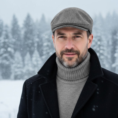 Kaszkiet Męski Zimowy Ocieplany Elegancka Czapka w Jodełkę 50% Wełny SZARY - Pako Jeans