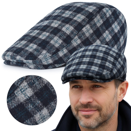 Kaszkiet Męski Zimowy Ocieplany Elegancka Czapka w Kratę 50% Wełny NIEBIESKI - Pako Jeans