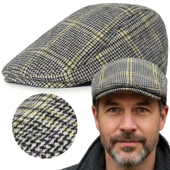 Kaszkiet Męski Zimowy Ocieplany Elegancka Czapka w Pepitkę 50% Wełny SZARY - Pako Jeans