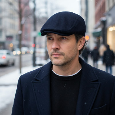 Kaszkiet Męski Zimowy Ocieplany Elegancka Czapka Granatowy 50% Wełny - Pakojeans.pl