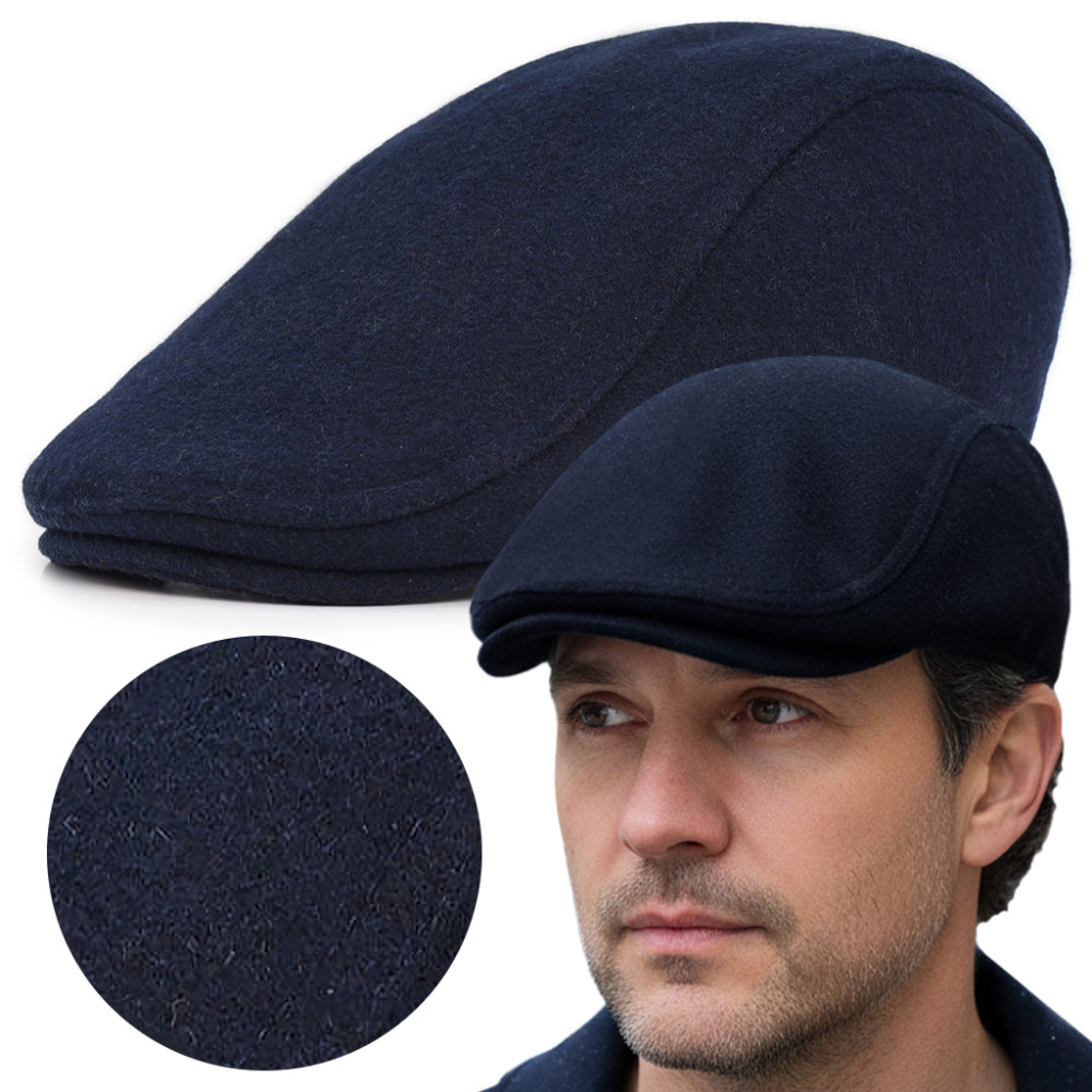 Kaszkiet Męski Zimowy Ocieplany Elegancka Czapka Granatowy 50% Wełny - Pakojeans.pl