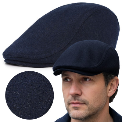 Kaszkiet Męski Zimowy Ocieplany Elegancka Czapka Granatowy 50% Wełny - Pakojeans.pl