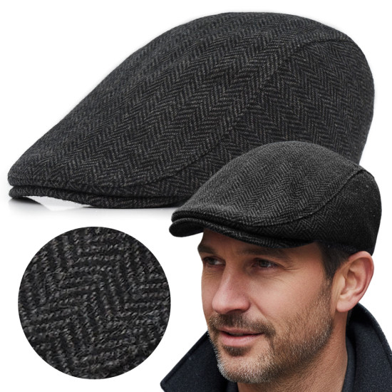Kaszkiet Męski Zimowy Ocieplany Elegancka Czapka w Jodełkę 50% Wełny - Pakojeans.pl