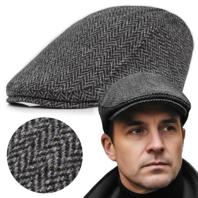 Kaszkiet Męski Zimowy Ocieplany Elegancka Czapka w Jodełkę 50% Wełny - Pakojeans.pl