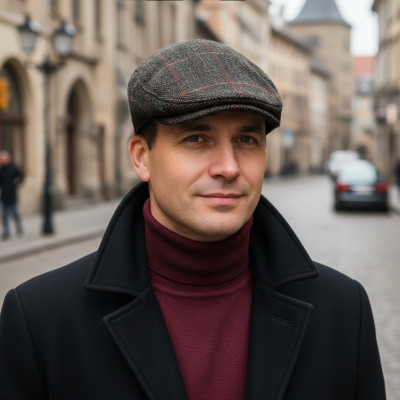 Kaszkiet Męski Zimowy Ocieplany Elegancka Czapka w Kratę 50% Wełny GRAFITOWY - Pako Jeans