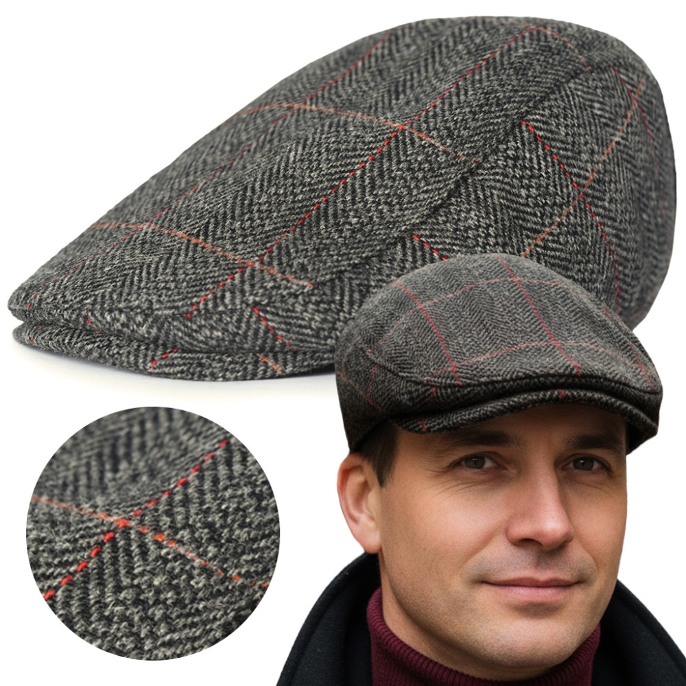 Kaszkiet Męski Zimowy Ocieplany Elegancka Czapka w Kratę 50% Wełny GRAFITOWY - Pako Jeans