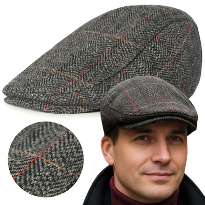 Kaszkiet Męski Zimowy Ocieplany Elegancka Czapka w Kratę 50% Wełny GRAFITOWY - Pako Jeans