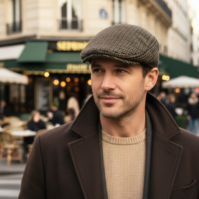 Kaszkiet Męski Zimowy Ocieplany Elegancka Czapka w Pepitkę 50% Wełny BEŻOWY - Pako Jeans