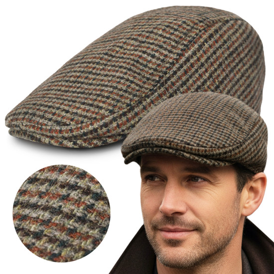 Kaszkiet Męski Zimowy Ocieplany Elegancka Czapka w Pepitkę 50% Wełny BEŻOWY - Pako Jeans