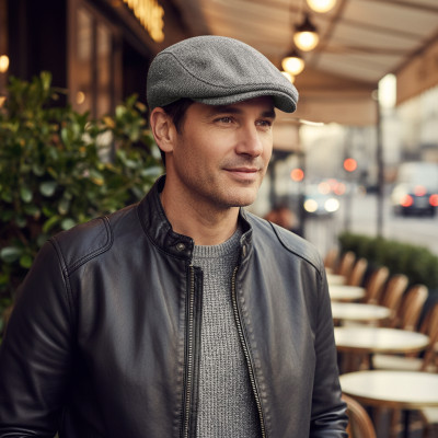 Kaszkiet Męski Zimowy Ocieplany Elegancka Czapka w Jodełkę z Wełną SZARY - Pako Jeans