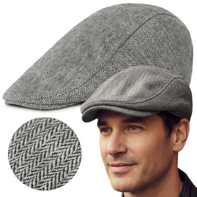 Kaszkiet Męski Zimowy Ocieplany Elegancka Czapka w Jodełkę z Wełną SZARY - Pako Jeans