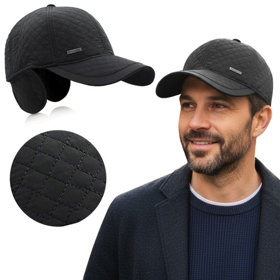 Czapka Zimowa z Daszkiem i Nausznikami Ocieplana Pikowana Czarna Pako Jeans - Pakojeans.pl