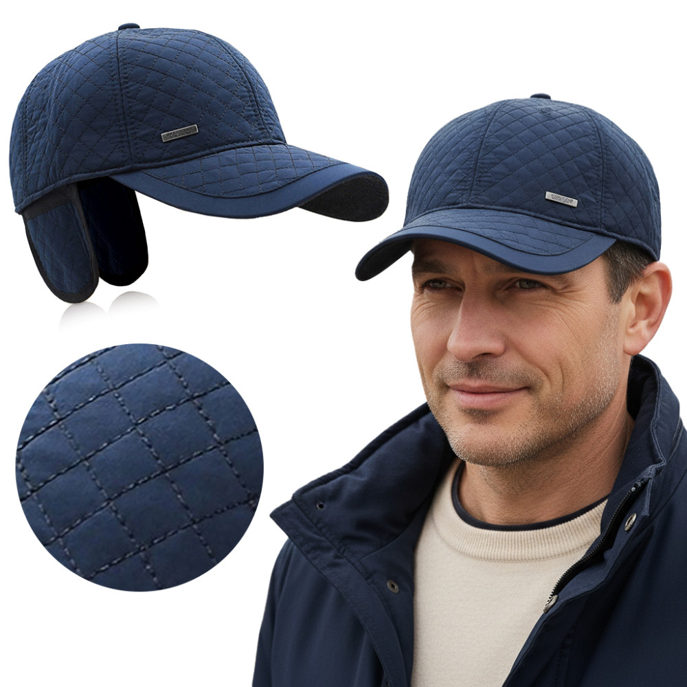 Czapka Zimowa z Daszkiem i Nausznikami Ocieplana Pikowana Granatowa Pako Jeans - Pakojeans.pl