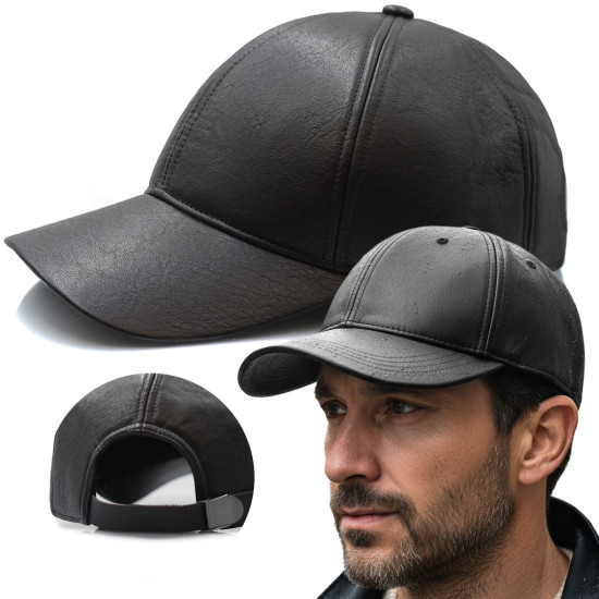 Czapka z daszkiem skórzana z guzikiem męska czarna - Pako Jeans