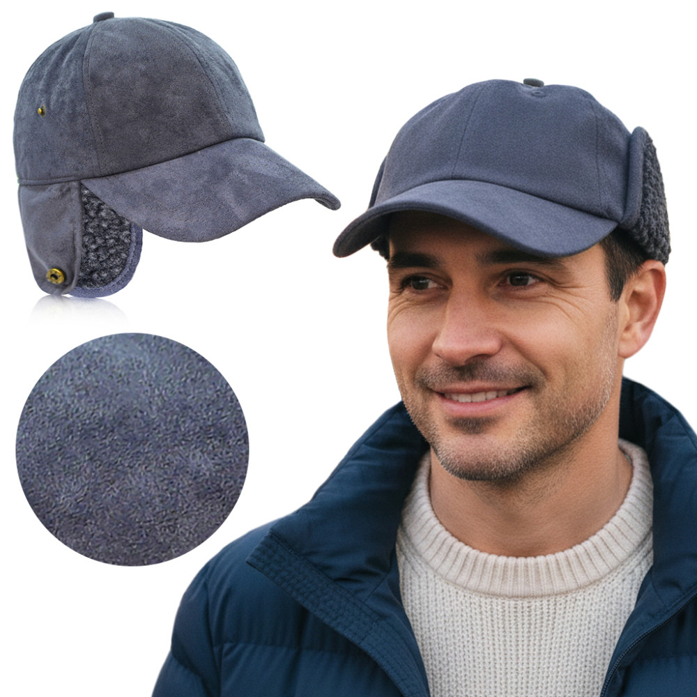 Czapka Zimowa z Daszkiem Męska Zamszowa Niebieska Pako Jeans Ocieplana z Nausznikami - Pako Jeans