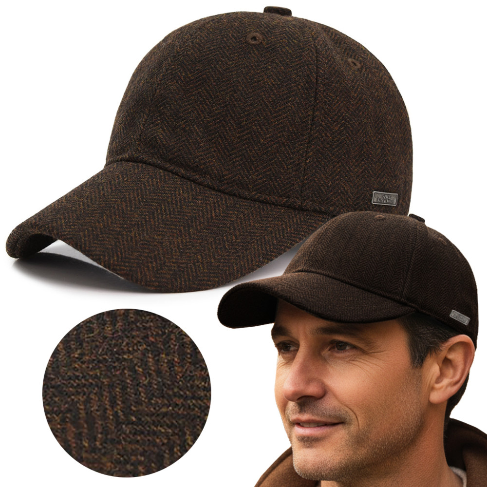 Czapka Zimowa z Daszkiem 50% Wełny Elegancka Jodełka Ocieplana Pako Jeans - Pakojeans.pl