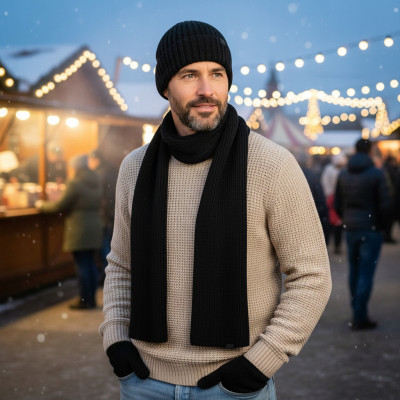 Komplet Męski CZAPKA SZALIK RĘKAWICZKI Zestaw na Prezent CZARNY Pako Jeans - Pakojeans.pl