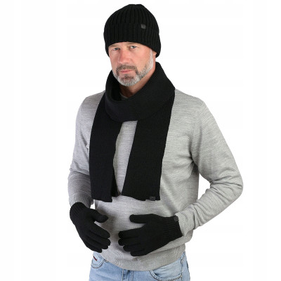 Komplet Męski CZAPKA SZALIK RĘKAWICZKI Zestaw Zimowy CZARNY Pako Jeans - Pakojeans.pl