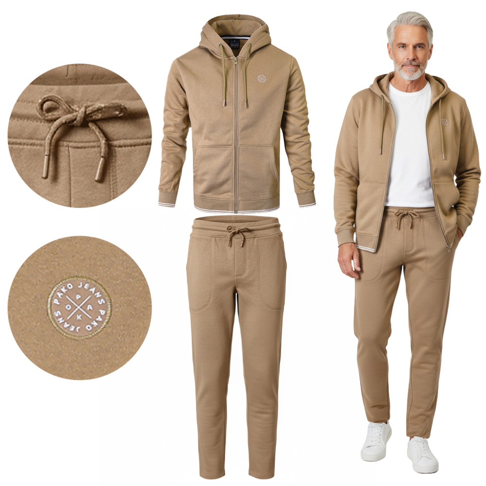 DRES Męski KOMPLET Bawełniany BEŻOWY Bluza z Kapturem i Spodnie Ocieplane Pako Jeans - Pakojeans.pl
