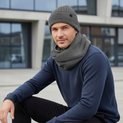 Komplet Męski CZAPKA KOMIN Zimowy Zestaw na Prezent SZARY Pako Jeans - Pakojeans.pl