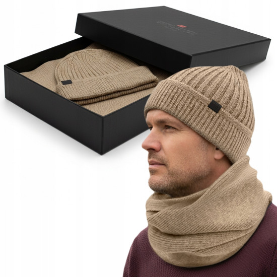 Komplet Męski CZAPKA KOMIN Zimowy Zestaw na Prezent BEŻOWY Pako Jeans - Pakojeans.pl