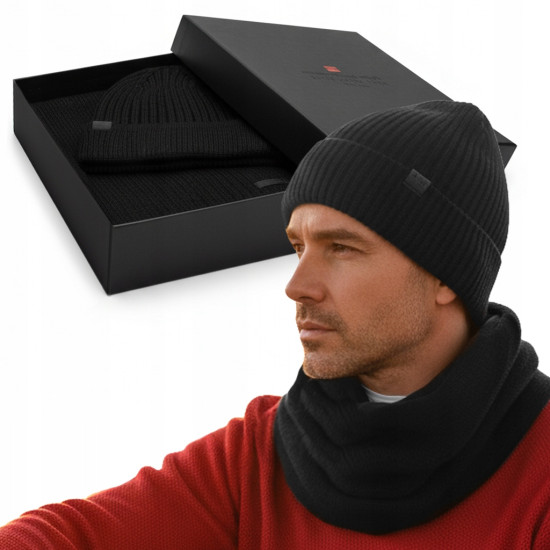 Komplet Męski CZAPKA KOMIN Zimowy Zestaw na Prezent CZARNY Pako Jeans - Pakojeans.pl