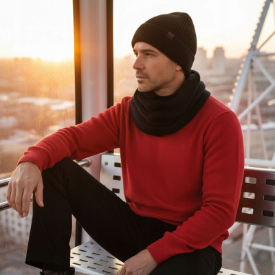 Komplet Męski CZAPKA KOMIN Zimowy Zestaw na Prezent CZARNY Pako Jeans - Pakojeans.pl