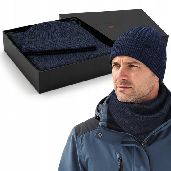 Komplet Męski CZAPKA KOMIN Zimowy Zestaw na Prezent GRANATOWY Pako Jeans - Pakojeans.pl