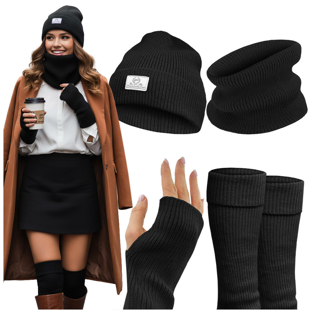 Komplet damski 4w1 Czapka Komin Rękawiczki Getry Ciepły Zestaw - Czarny - Pakojeans.pl