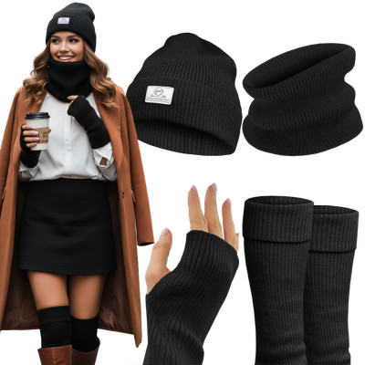 Komplet damski 4w1 Czapka Komin Rękawiczki Getry Ciepły Zestaw - Czarny - Pakojeans.pl