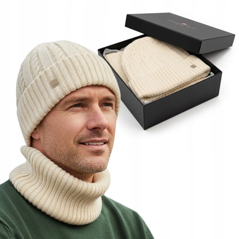Komplet Męski CZAPKA KOMIN Zimowy Zestaw na Prezent ECRU Pako Jeans - Pakojeans.pl