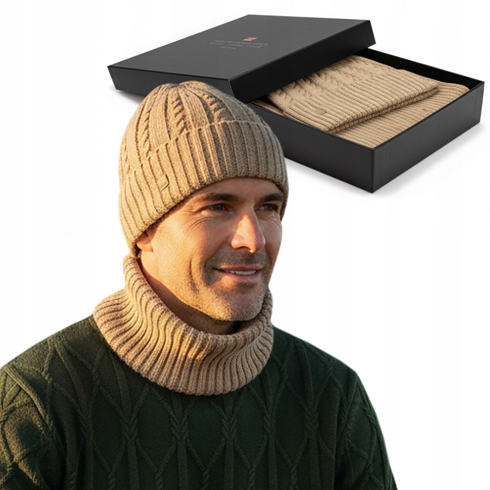Komplet Męski CZAPKA KOMIN Zimowy Zestaw na Prezent BEŻOWY Pako Jeans - Pakojeans.pl