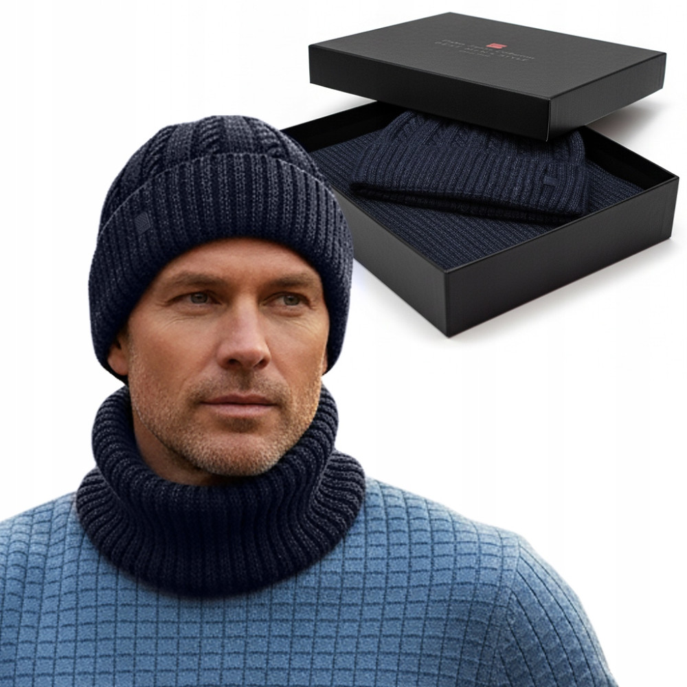 Komplet Męski CZAPKA KOMIN Zimowy Zestaw na Prezent GRANATOWY Pako Jeans - Pakojeans.pl