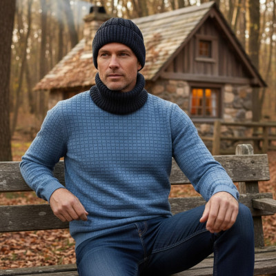 Komplet Męski CZAPKA KOMIN Zimowy Zestaw na Prezent GRANATOWY Pako Jeans - Pakojeans.pl