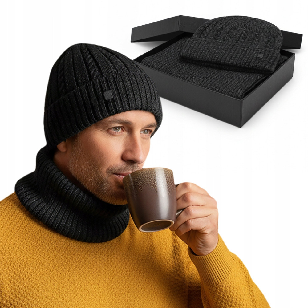 Komplet Męski CZAPKA KOMIN Zimowy Zestaw na Prezent CZARNY Pako Jeans - Pakojeans.pl
