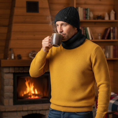 Komplet Męski CZAPKA KOMIN Zimowy Zestaw na Prezent CZARNY Pako Jeans - Pakojeans.pl